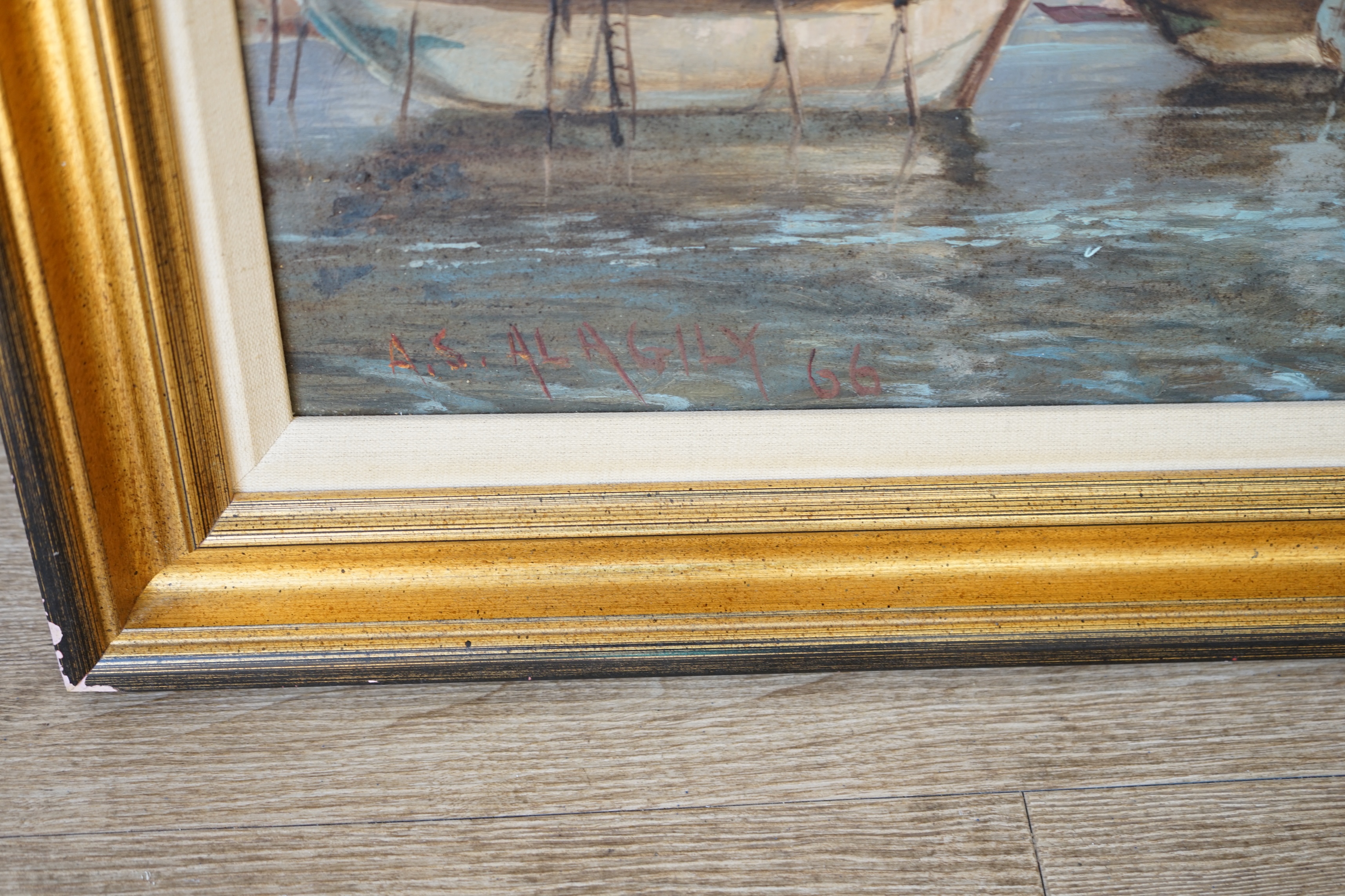 A.S. Al Agily, oil on board, Shipping moored off the coast, signed and dated '66, 39 x 80cm. Condition - good, would benefit from a clean
